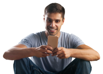 Shocked happy young man holds mobile phone