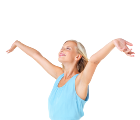 Freedom, success and woman arms in air isolated on a transparent, png background for winning, peace and carefree. Happy person with yes, wow and celebration hands for winner goals or celebrate