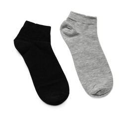 Different socks isolated on white, top view