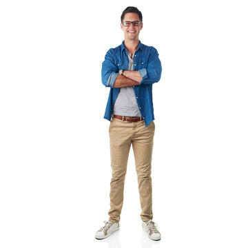 Happy, arms crossed and portrait of man on png background for fashion, style and casual. Happiness, trendy and cool with male wearing glasses isolated on transparent for trendy, hipster and nerd