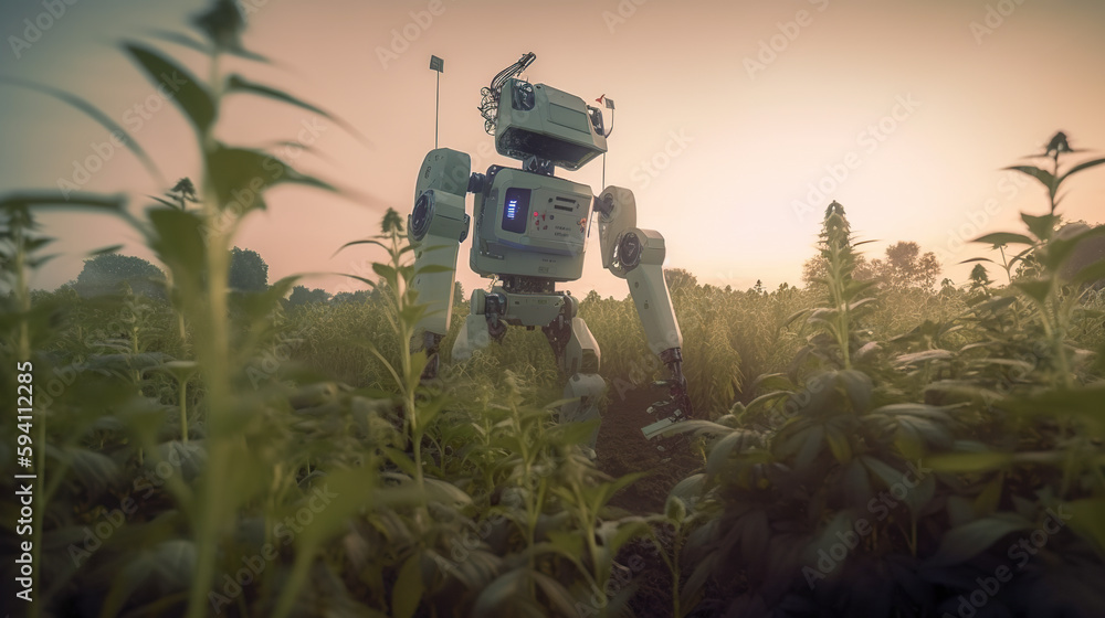 Poster a robot standing in the middle of a field. ai generative image