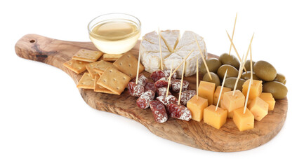 Toothpick appetizers. Tasty cheese, sausage, crackers and olives on white background