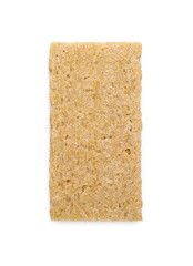 Fresh crunchy rye crispbread on white background, top view. Space for text