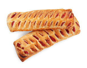 Fresh tasty puff pastry on white background, top view