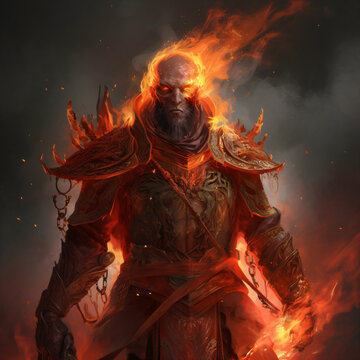 infernal soldier blazing in fire with red eyes fantasy character concept art Generative Ai