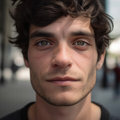 Obraz premium portrait shot of a handsome french young man with dark hair and green eyes Generative Ai