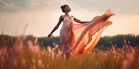 graceful young woman in motion dancing in a field of flowers in the summertime wearing a long flowing dress - Generative AI 
