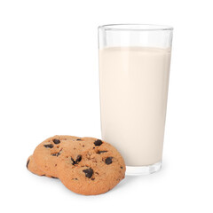 Delicious chocolate chip cookies and milk isolated on white