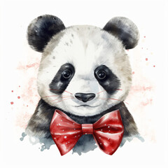 panda bear with a red bowtie watercolor painting isolated on a white background Generative Ai