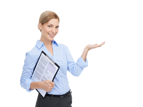 Portrait, hr and gesture with a business woman isolated on transparent png background. Review, brand or data with a female employee holding a clipboard for a survey, product research or advertising - Powered by Adobe