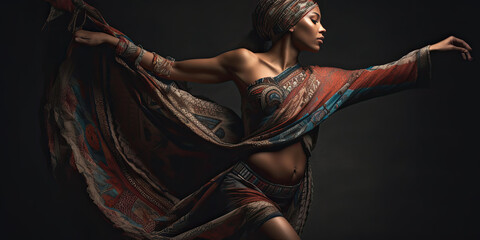 Breathtaking image of woman dancer in motion wearing long flowing dress studio setting with dramatic studio lighting - Generative AI 