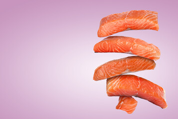 Cut fresh salmon falling on violet gradient background, space for text