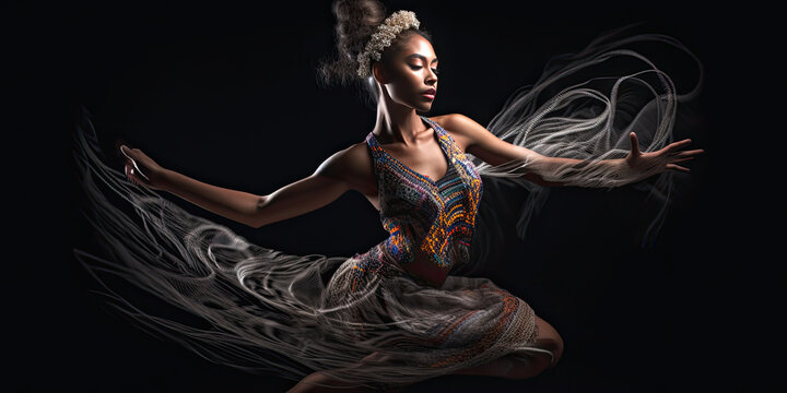 Breathtaking image of woman dancer in motion wearing long flowing dress studio setting with dramatic studio lighting - Generative AI 