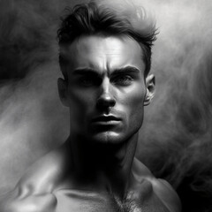 black and white portrait of a shirtless handsome man surrounded by smoke Generative Ai