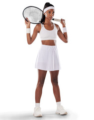 Tennis, serious woman and thinking with sports racket isolated on a transparent png background....