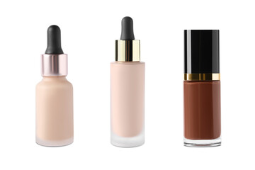 Collage with bottles of skin foundation on white background
