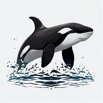 Aus dem Meer springender Orca Killerwal auf wei&szlig;em Hintergrund.