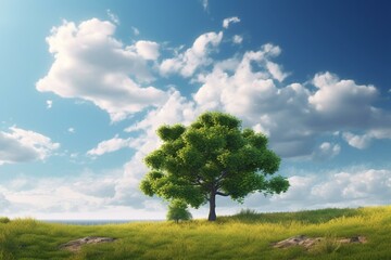 Fototapeta na wymiar Summer landscape with tree against a blue sky with white clouds (3D Rendering). Generative AI
