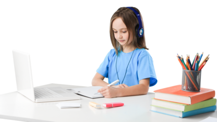 Little girl learning for school desk with headphones