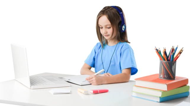 Little girl learning for school desk with headphones