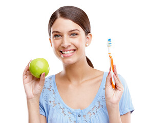 Dental, portrait or happy woman with toothbrush or apple for nutrition care, wellness or cleaning...