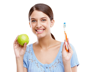 Dental, portrait or happy woman with toothbrush or apple for nutrition care, wellness or cleaning teeth. Fruit, diet or healthy girl with smile or oral hygiene isolated on transparent png background