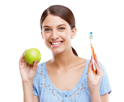 Dental, portrait or happy woman with toothbrush or apple for nutrition care, wellness or cleaning teeth. Fruit, diet or healthy girl with smile or oral hygiene isolated on transparent png background