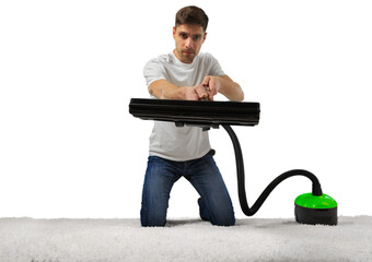 Man with vacuum cleaner isolated on white background
