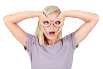 Funny face, goofy and silly with woman on png background for comedy, mask and crazy. Amusing, playful and frame with hands on eyes of female isolated on transparent for icon, excited and comic