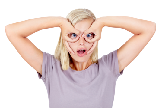 Funny face, goofy and silly with woman on png background for comedy, mask and crazy. Amusing, playful and frame with hands on eyes of female isolated on transparent for icon, excited and comic - Powered by Adobe