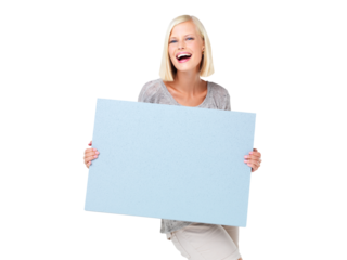 Laughing, portrait and woman with poster for mockup isolated on a transparent png background. Funny, billboard and happy person with marketing, product placement or advertising for promotion space.
