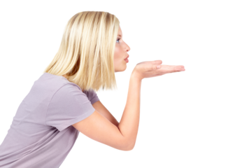 Blowing, kiss and profile of woman on png background for flirting, romance and love. Valentines day, air and dating with female isolated on transparent for emotion, affectionate and cheerful