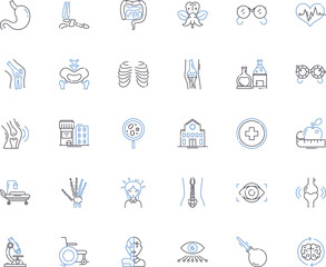 Surgical operation line icons collection. Incision, Anesthesia, Scalpel, Recovery, Hemostasis, Sutures, Dissection vector and linear illustration. Laparotomy,Adhesions,Drainage outline signs set