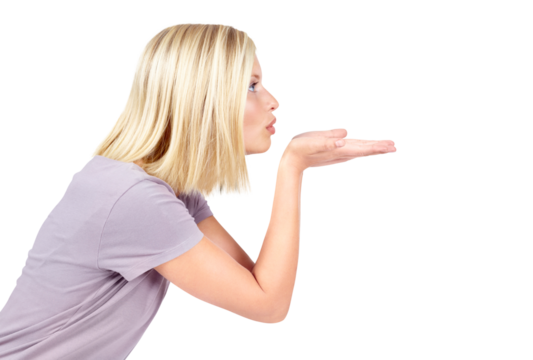 Blowing, kiss and profile of woman on png background for flirting, romance and love. Valentines day, air and dating with female isolated on transparent for emotion, affectionate and cheerful - Powered by Adobe