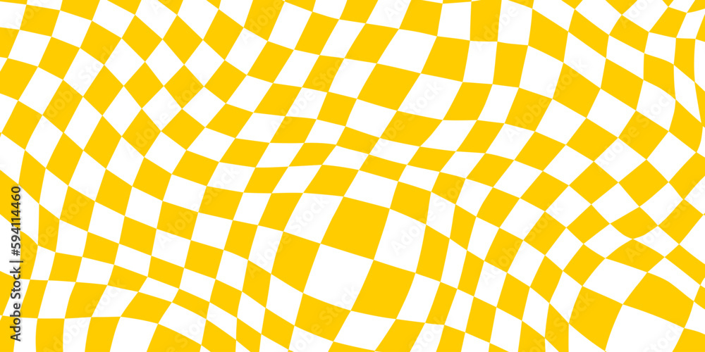 Poster Trippy checkerboard background. Yellow retro psychedelic checkered wallpaper. Wavy groovy chessboard surface. Distorted and twisted geometric pattern. Abstract vector backdrop