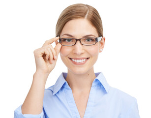 Portrait, glasses and PNG with a happy woman isolated on a transparent background for vision. Eyewear, eyesight and optometry with an attractive young female posing in prescription frame lenses