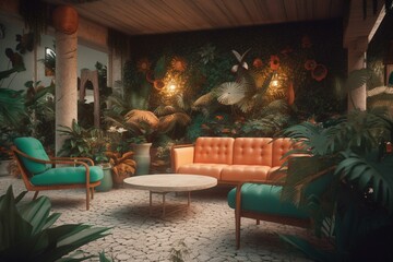 Fototapeta na wymiar cozy tropical resort lounge, generative ai composite