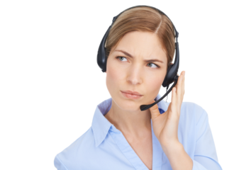 Call center, thinking and woman isolated on transparent, png background for business solution, question or problem solving. Telecom agent, consultant or person with online tech support and listening