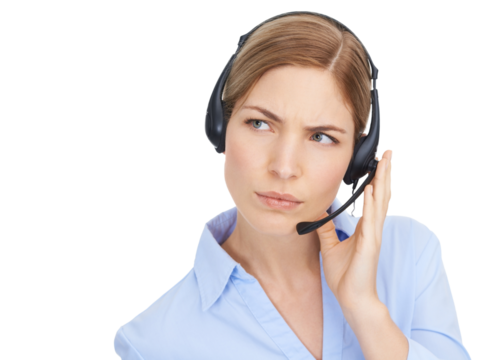 Call center, thinking and woman isolated on transparent, png background for business solution, question or problem solving. Telecom agent, consultant or person with online tech support and listening