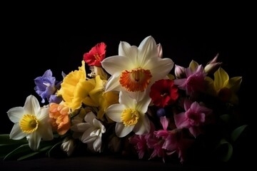 Fototapeta na wymiar Douquet of spring flowers on black background. Generative AI