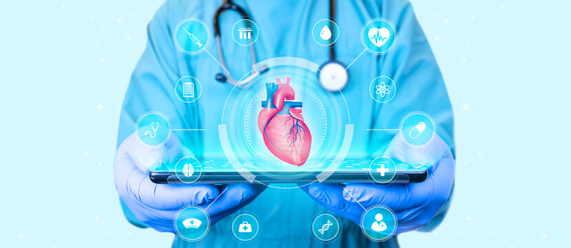 heart attack, human heart isolated on light background. cardiology and medical care for heart problems. heart disease digital medicine modern digital health. chf cardiomyopathy, myocarditis, arrhythmi
