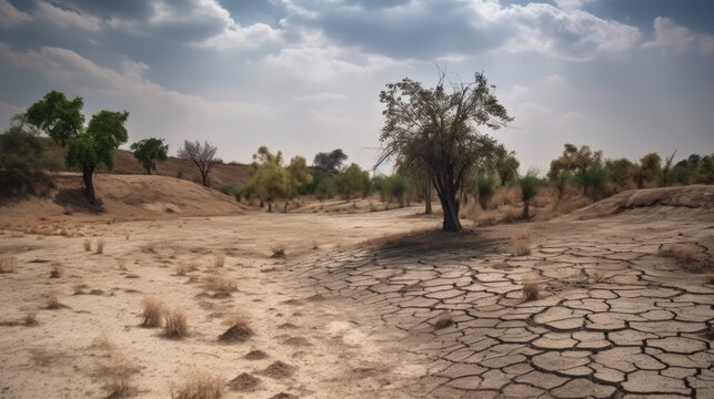 dry earth in a desert landscape. drought, drought. climate catastrophe. Generative AI
