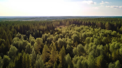 aerial view of a green fir forest in summer. Generative AI