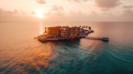 aerial view of a hotel on a beautiful island in the middle of the sea at sunset. Generative AI