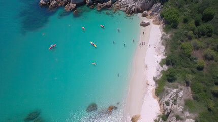 aerial view of a bay with turquoise water where people and kayaks swim. Generative AI