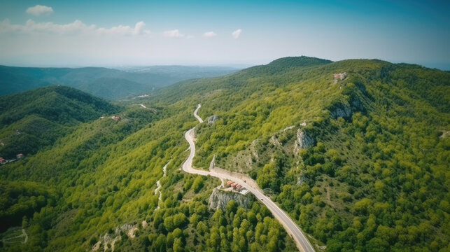 aerial view of a road in the mountains in summer. Generative AI