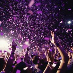 Party crowd celebrating in rain of confetti during concert at festival