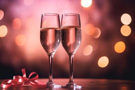 Cheers to the Night: Close-up of Champagne Glasses and Bokeh Lights, Generative AI