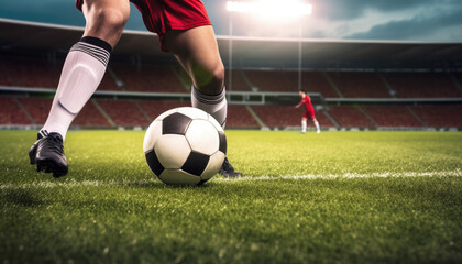 Obraz premium Close-up of football dribbling by soccer player in the stadium. Sport and competition concept. Generative AI