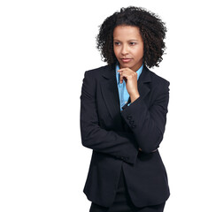 Business, thinking and doubt with woman on png background for problem solving, solution or idea....